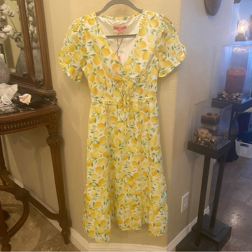NWT~BETSEY JOHNSON Women Lemon Print Martina Midi Lined Dress Size Small
